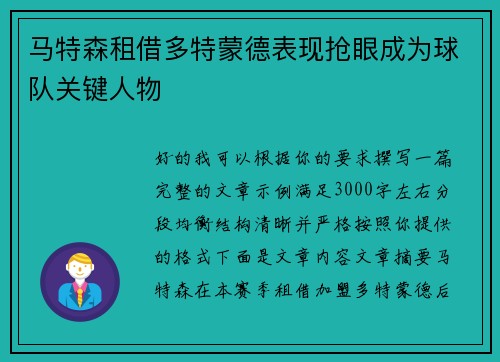 马特森租借多特蒙德表现抢眼成为球队关键人物